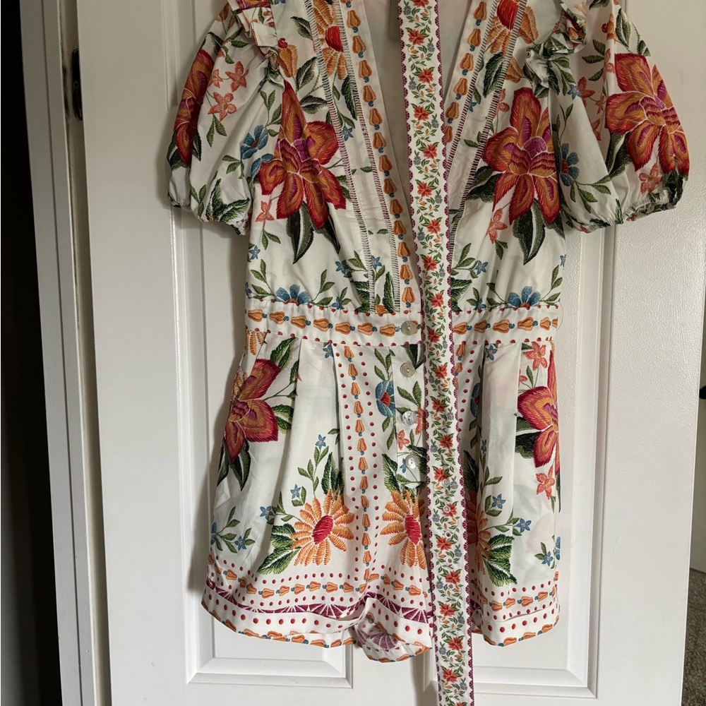 FARM Rio Floral Embroidered Jumpsuit - White, Red, Green